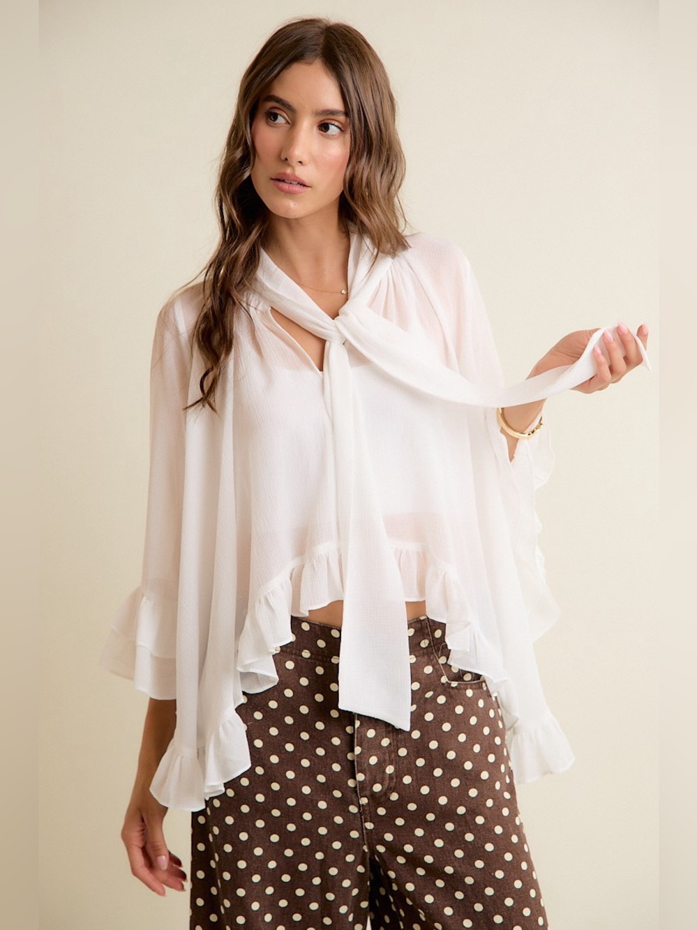 SO ME Sheer Ruffle Bell Sleeves Bow Tie Flowy Blouse Top🛍️